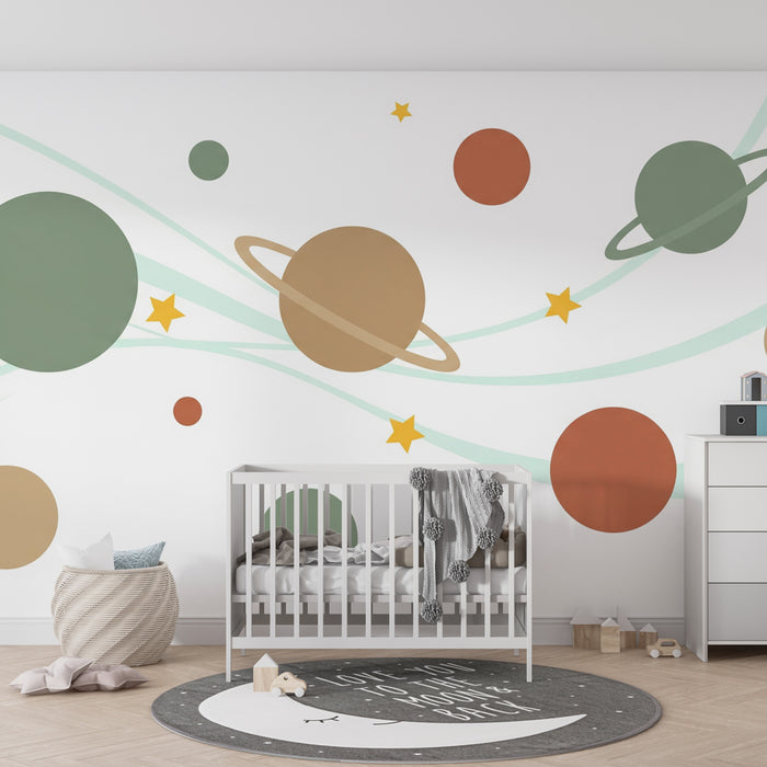 Kinderzimmer Tapete | Interstellare Reise mit bunten Planeten