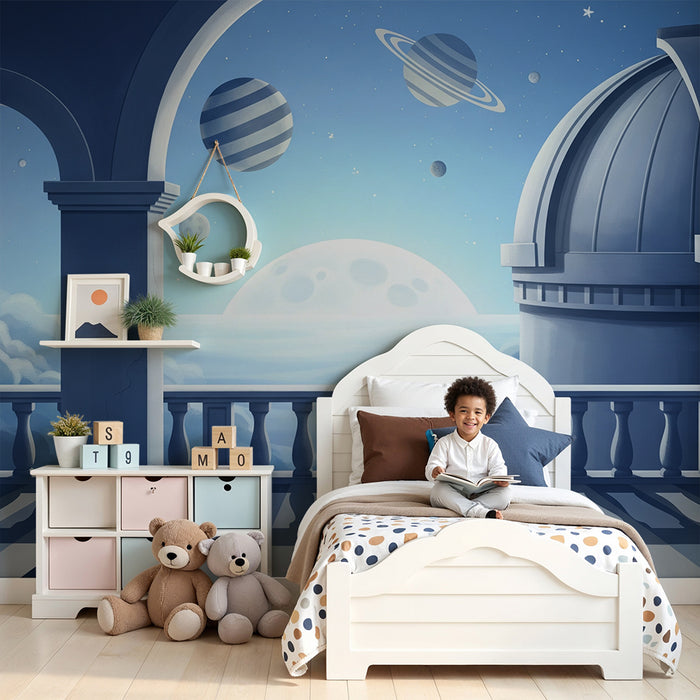 Papel de parede para quarto infantil | Viagem interestelar com planetas e céu estrelado