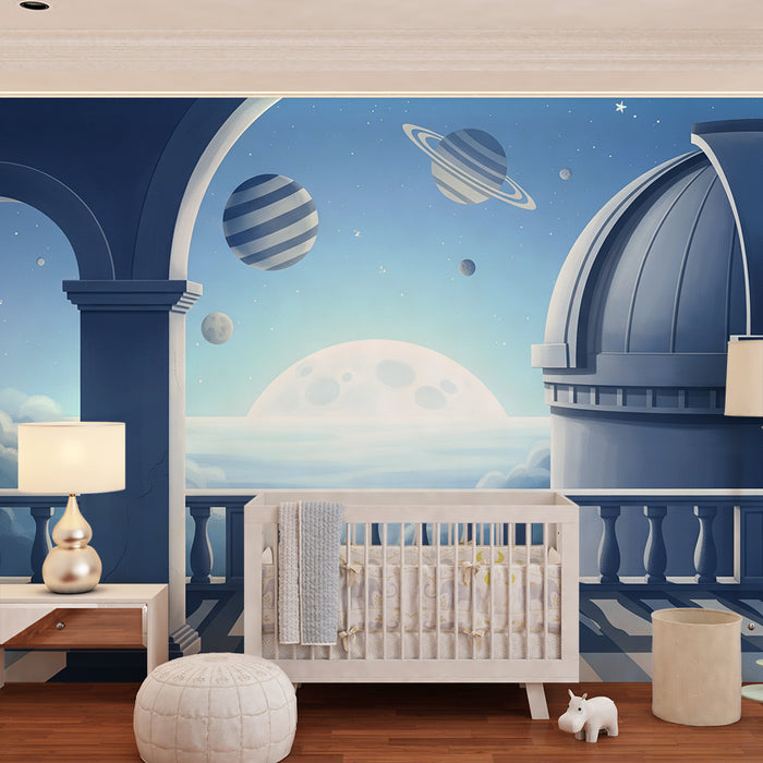 Papel de parede para quarto infantil | Viagem interestelar com planetas e céu estrelado