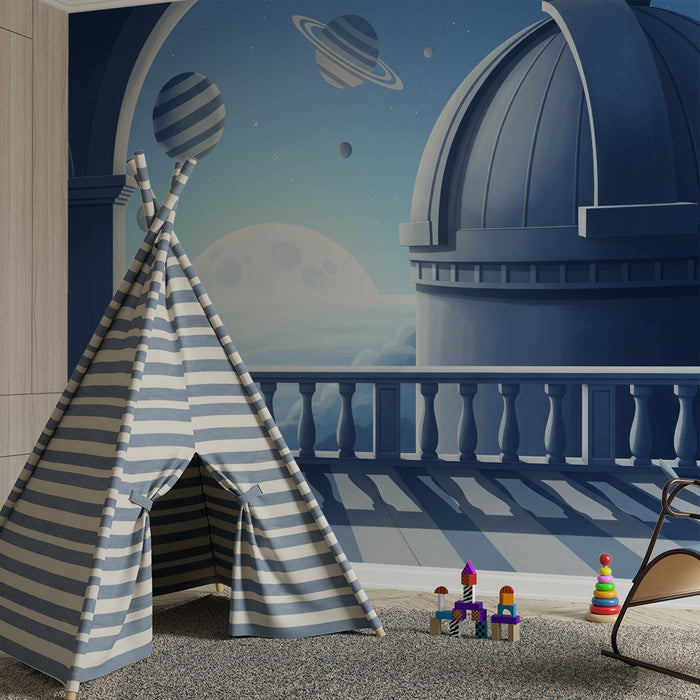 Papel de parede para quarto infantil | Viagem interestelar com planetas e céu estrelado