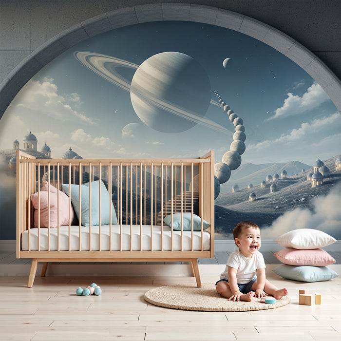Papier peint chambre enfant | Voyage interstellaire avec planètes et paysages féeriques
