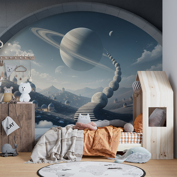 Papier peint chambre enfant | Voyage interstellaire avec planètes et paysages féeriques