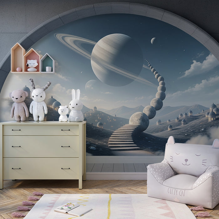 Papier peint chambre enfant | Voyage interstellaire avec planètes et paysages féeriques