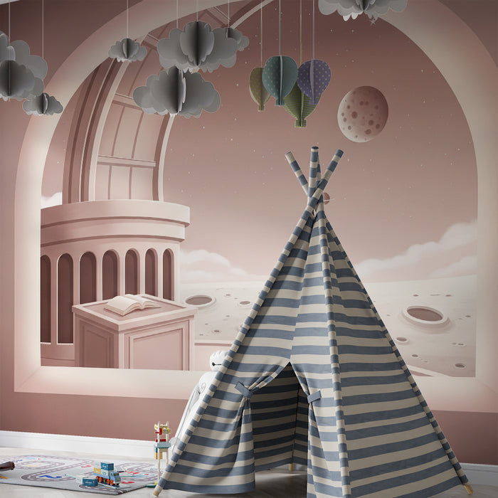 Papier peint chambre enfant | Voyage interstellaire avec une vue sur la lune et les planètes