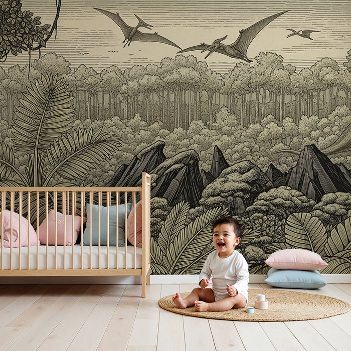 Carta da parati bambini | Viaggio preistorico nel cuore della giungla con i dinosauri