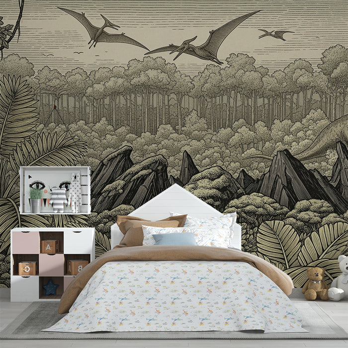 Carta da parati bambini | Viaggio preistorico nel cuore della giungla con i dinosauri