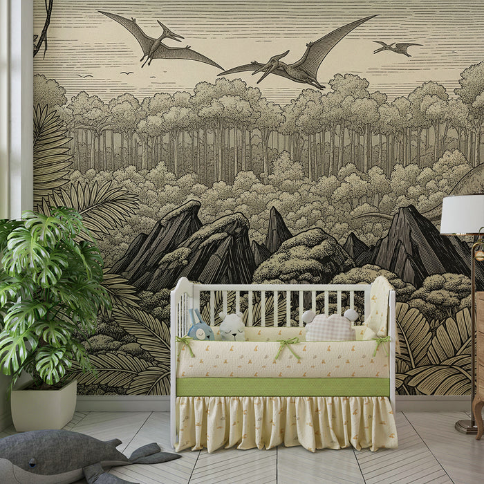Carta da parati bambini | Viaggio preistorico nel cuore della giungla con i dinosauri