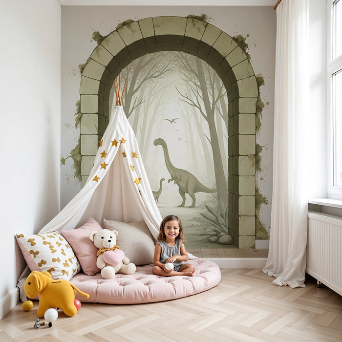 Papier peint chambre enfant | Voyage préhistorique avec dinosaures dans une forêt brumeuse