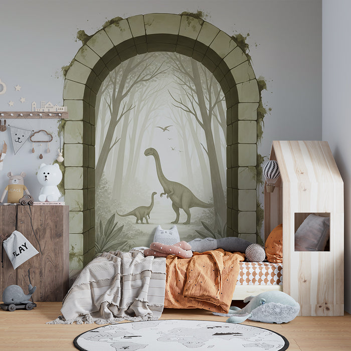 Papier peint chambre enfant | Voyage préhistorique avec dinosaures dans une forêt brumeuse