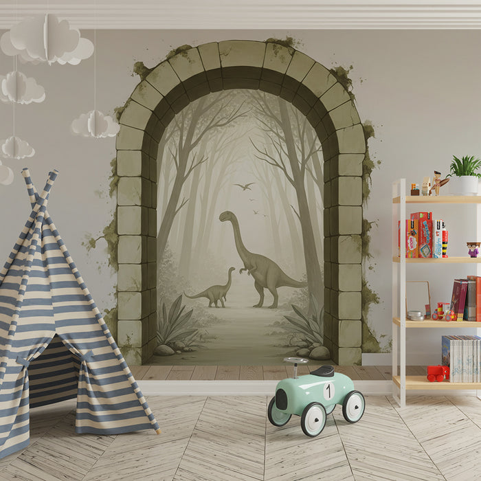 Papier peint chambre enfant | Voyage préhistorique avec dinosaures dans une forêt brumeuse