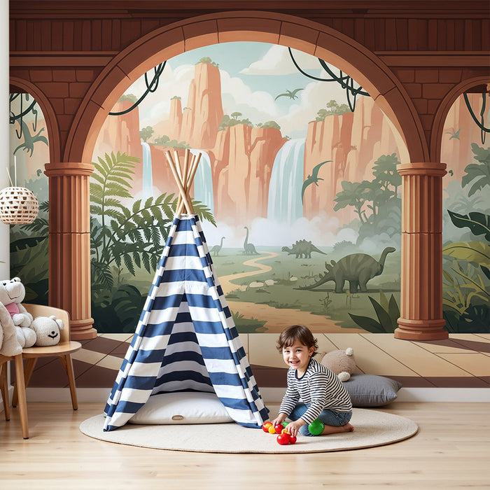 Papel de parede para quarto infantil | Viagem pré-histórica com dinossauros e cascatas