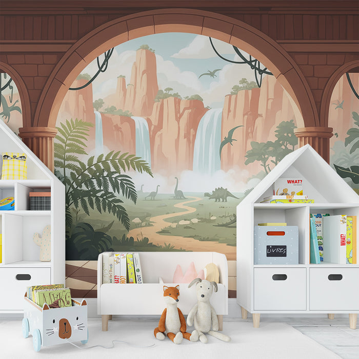 Papel de parede para quarto infantil | Viagem pré-histórica com dinossauros e cascatas
