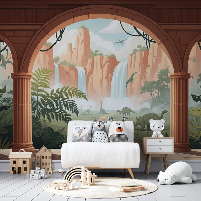 Papel de parede para quarto infantil | Viagem pré-histórica com dinossauros e cascatas