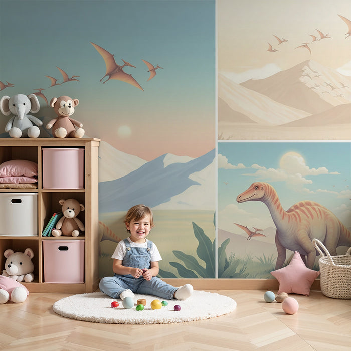 Papel de parede criança | Viagem pré-histórica com dinossauros e paisagens montanhosas