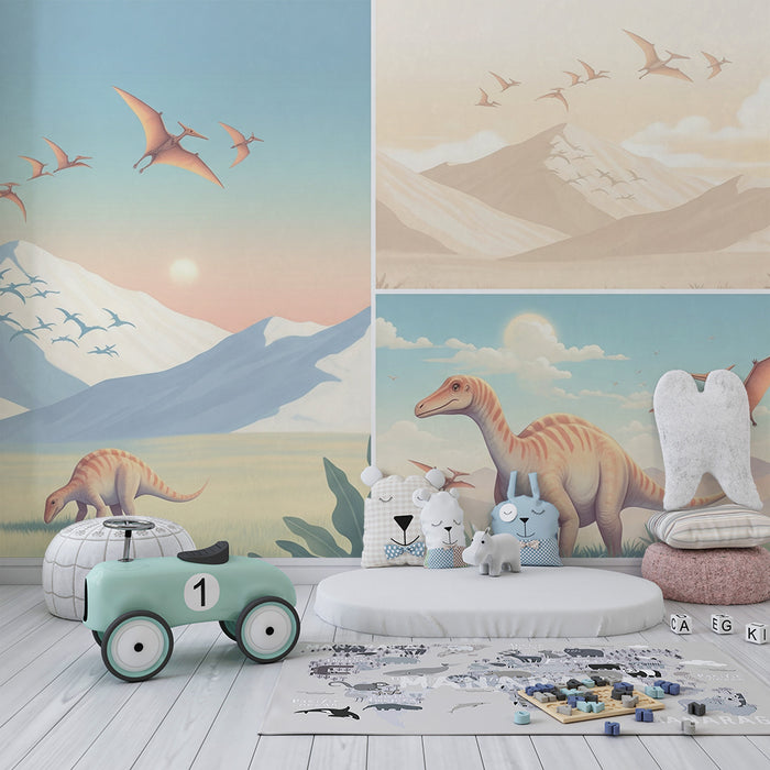 Papel de parede criança | Viagem pré-histórica com dinossauros e paisagens montanhosas