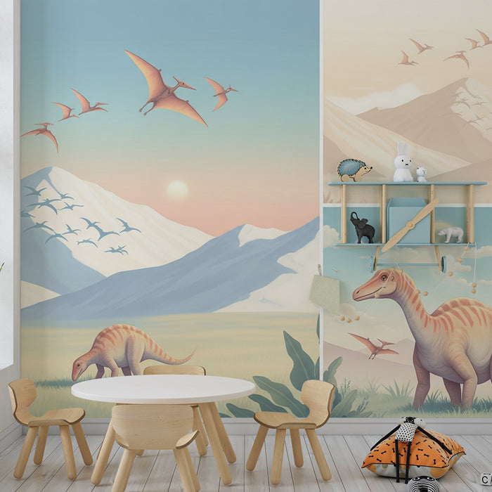 Papel de parede criança | Viagem pré-histórica com dinossauros e paisagens montanhosas