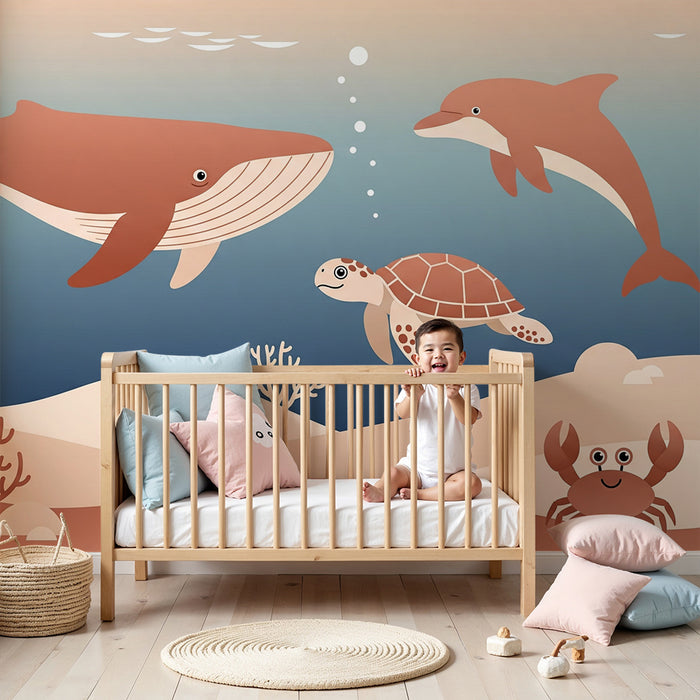 Behang kinderkamer | Onderwateravontuur met walvis, dolfijn en schildpad