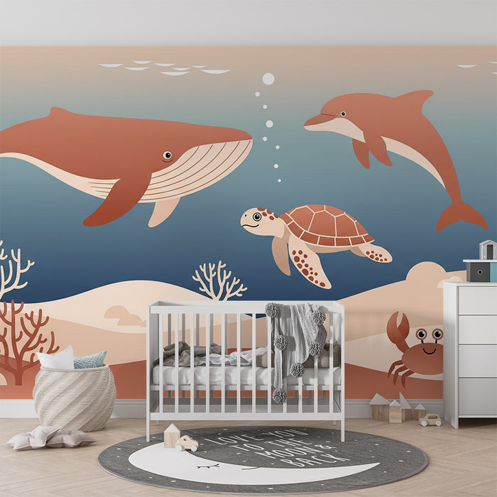 Behang kinderkamer | Onderwateravontuur met walvis, dolfijn en schildpad