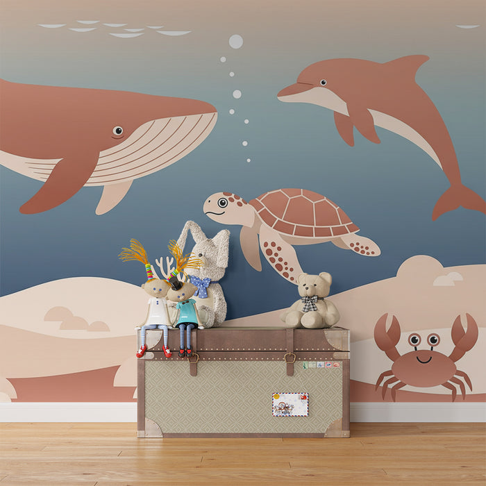 Behang kinderkamer | Onderwateravontuur met walvis, dolfijn en schildpad
