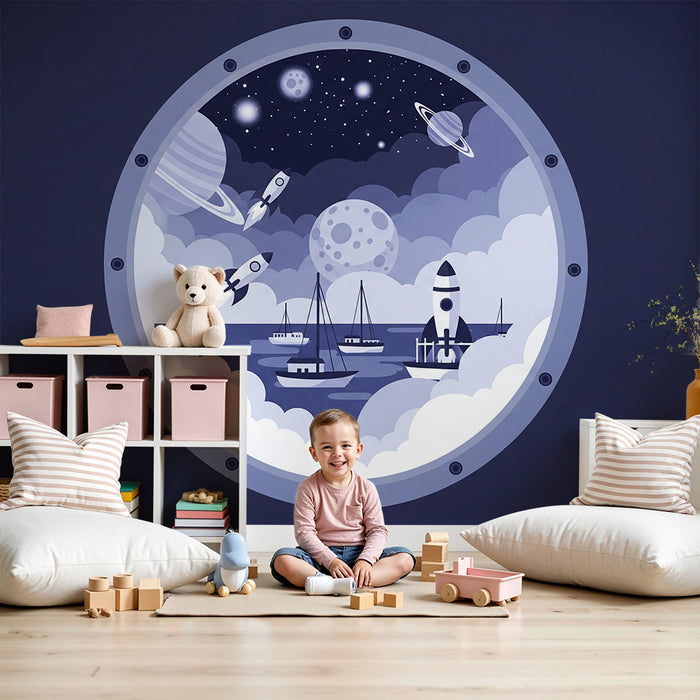 Papel de parede para quarto infantil | Viagem espacial através de uma vigia com foguetes e planetas