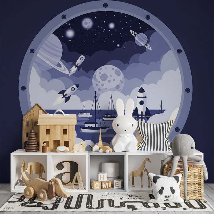 Papel de parede para quarto infantil | Viagem espacial através de uma vigia com foguetes e planetas