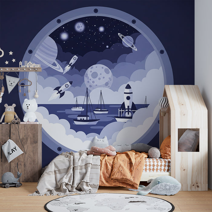 Papel de parede para quarto infantil | Viagem espacial através de uma vigia com foguetes e planetas