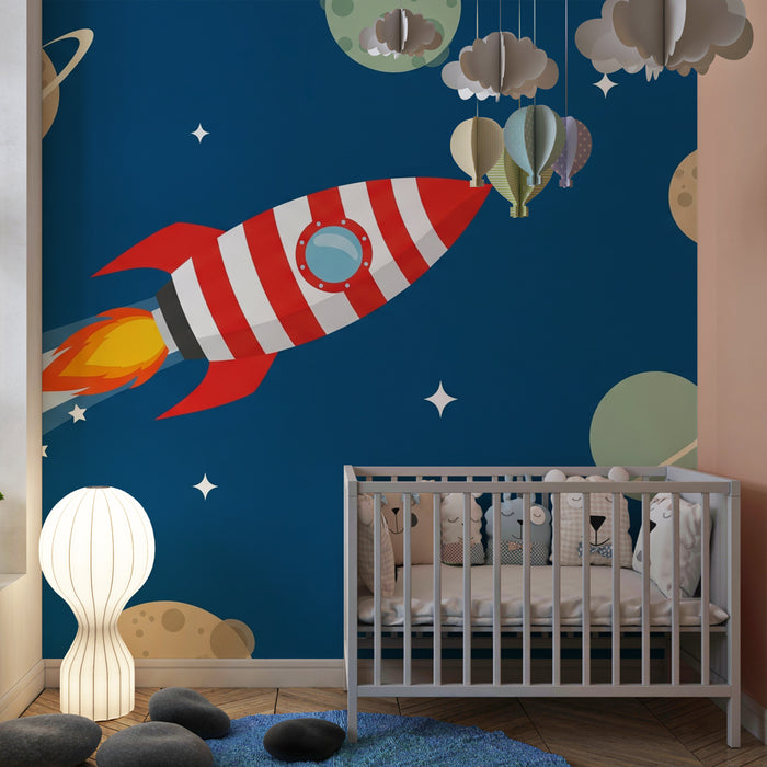 Kinderzimmer Tapete | Weltraumreise mit bunten Raketen