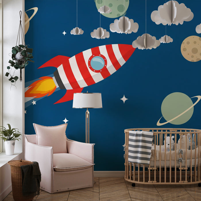 Kinderzimmer Tapete | Weltraumreise mit bunten Raketen