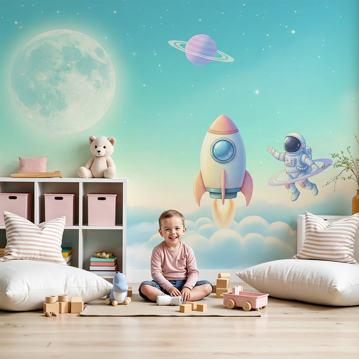 Carta da parati bambini | Viaggio spaziale con razzo e astronauta
