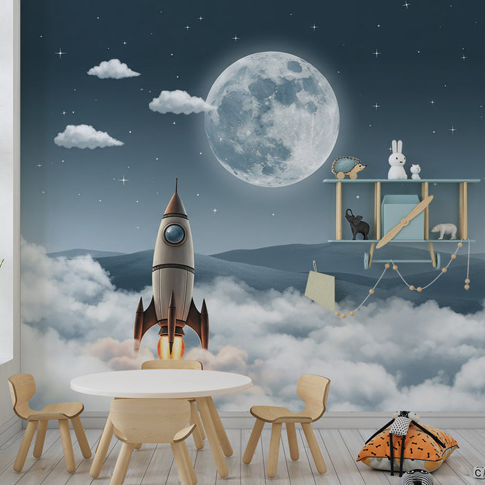 Papel de parede criança | Viagem espacial com foguete e astronauta nas nuvens