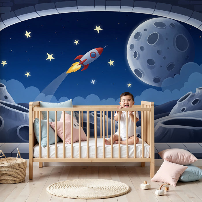 Papel de parede para quarto infantil | Viagem espacial com foguetão e lua