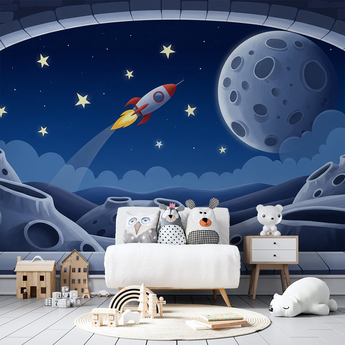 Papel de parede para quarto infantil | Viagem espacial com foguetão e lua