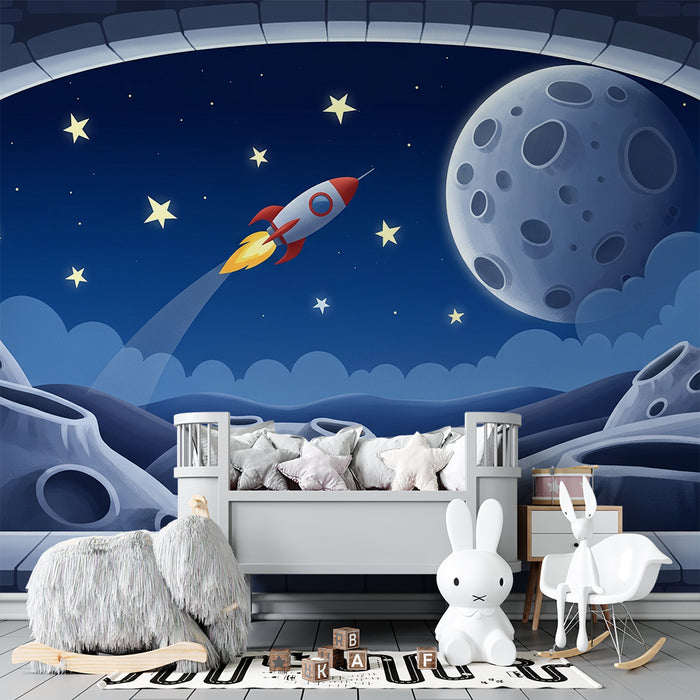 Papel de parede para quarto infantil | Viagem espacial com foguetão e lua
