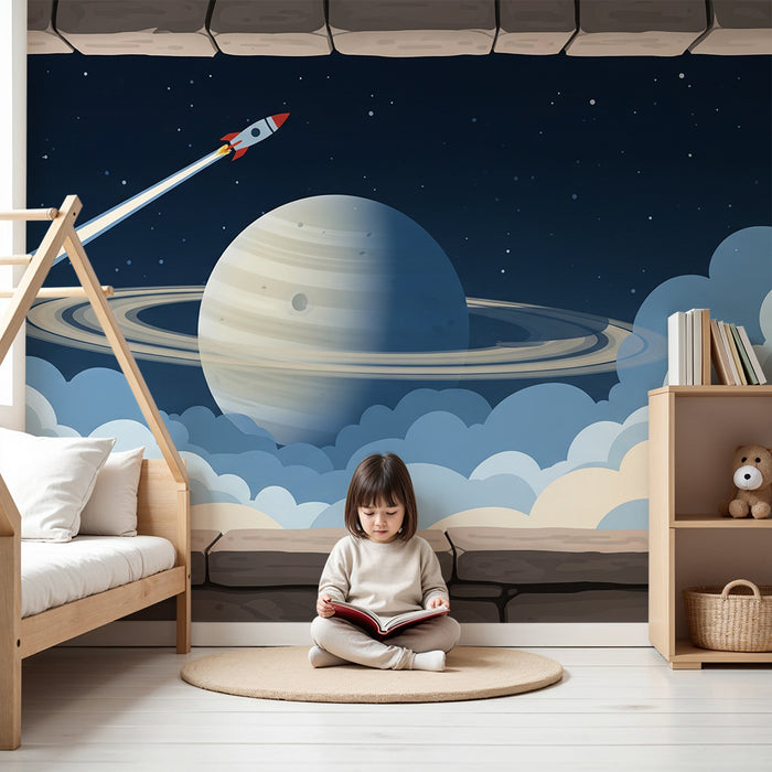 **Text translated into Romanian:**

Tapet cameră copii | Călătorie în spațiu cu rachetă și planeta Saturn