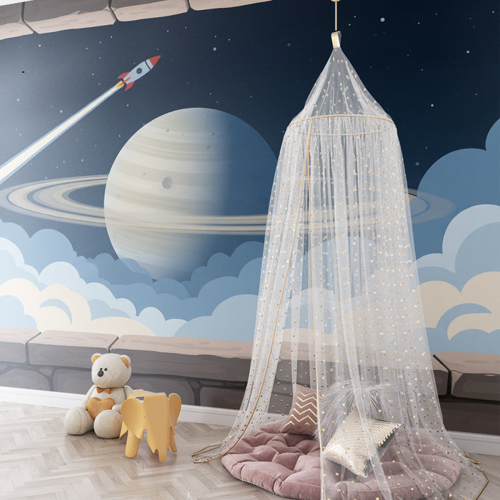 **Text translated into Romanian:**

Tapet cameră copii | Călătorie în spațiu cu rachetă și planeta Saturn