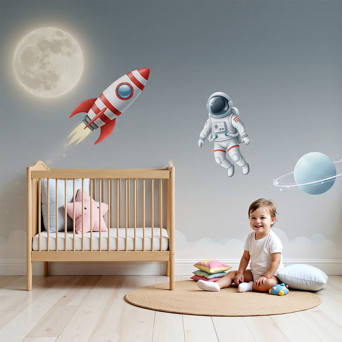 Carta da parati bambini | Viaggio spaziale con razzo, luna e astronauta
