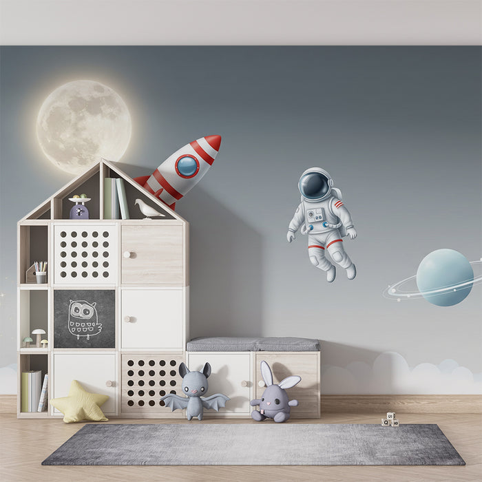 Carta da parati bambini | Viaggio spaziale con razzo, luna e astronauta