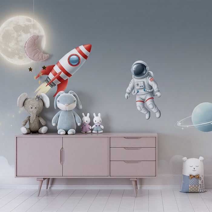 Carta da parati bambini | Viaggio spaziale con razzo, luna e astronauta