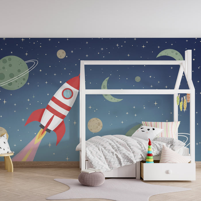 Papel de parede criança | Viagem espacial e foguete colorido
