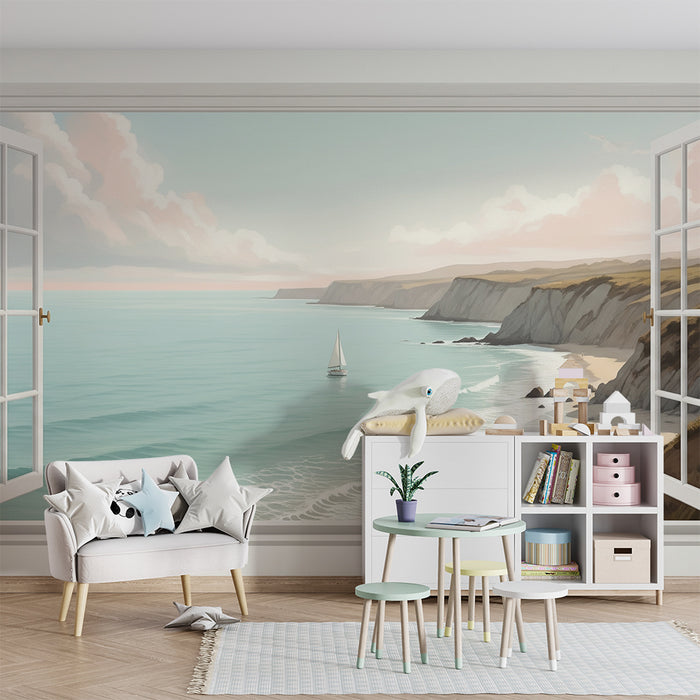 Behang kinderkamer | Rustgevend uitzicht op zee met zeilboot en gouden stranden