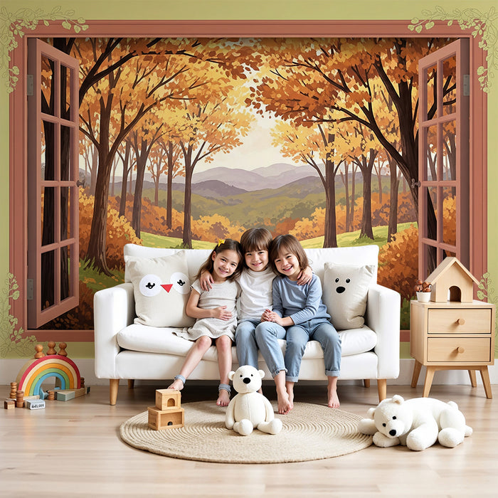 Papel de parede para quarto infantil | Vista outonal através de uma janela com árvores douradas