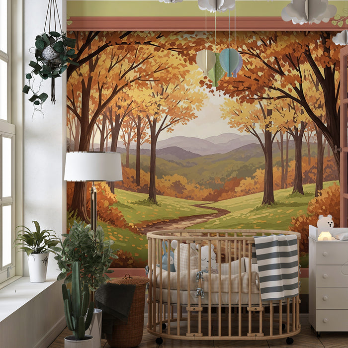 Papel de parede para quarto infantil | Vista outonal através de uma janela com árvores douradas