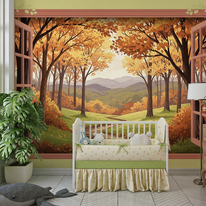 Papel de parede para quarto infantil | Vista outonal através de uma janela com árvores douradas