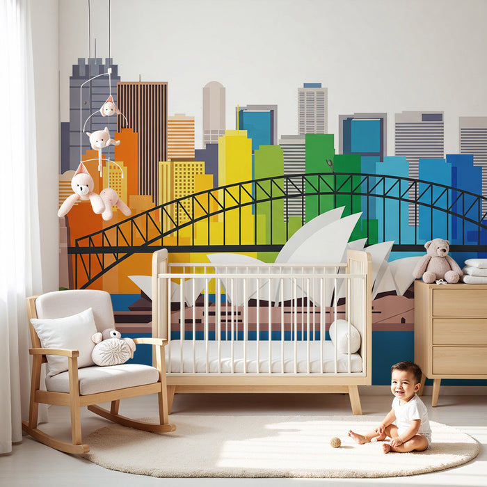 Barntapet | Färgglam vy över Sydney med operahuset och hamnbron