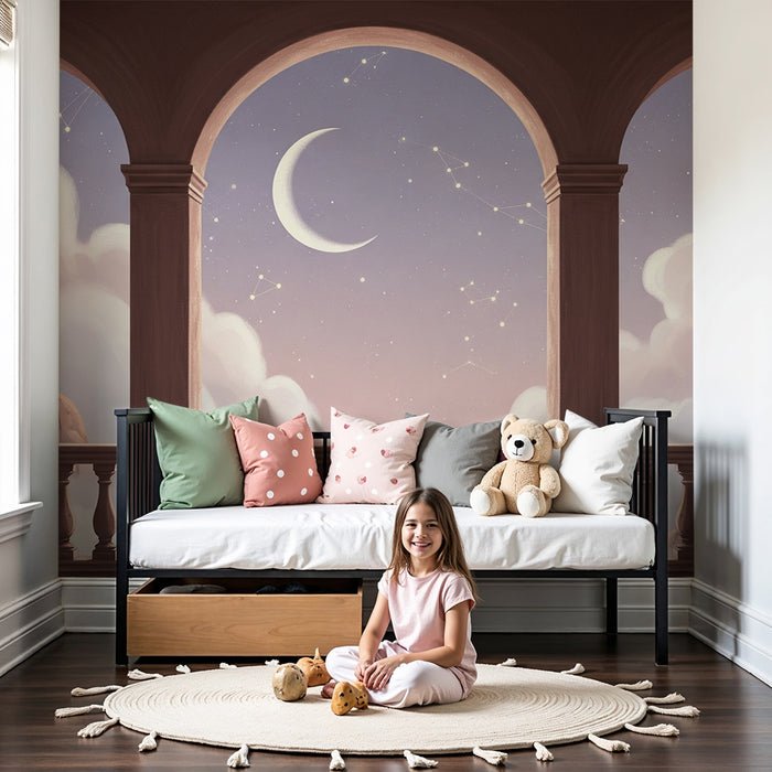 Papier peint chambre enfant | Vue étoilée avec lune et montagnes