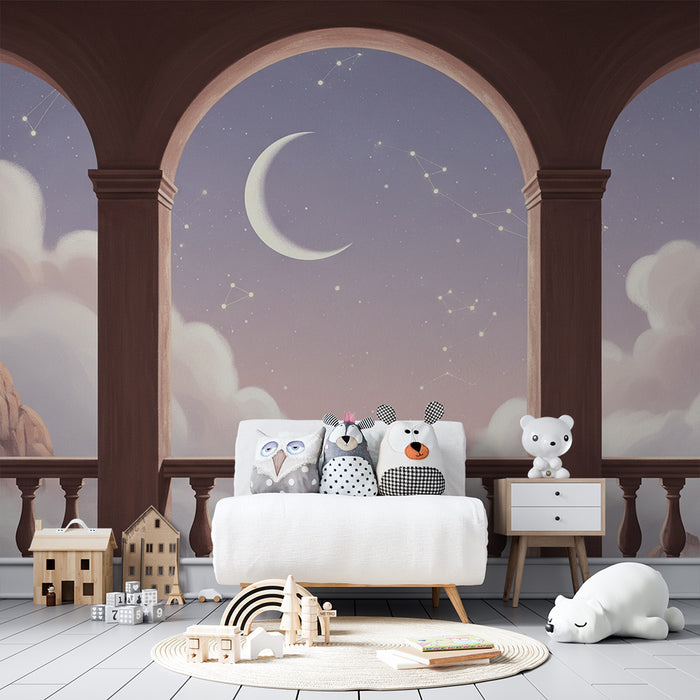 Papier peint chambre enfant | Vue étoilée avec lune et montagnes
