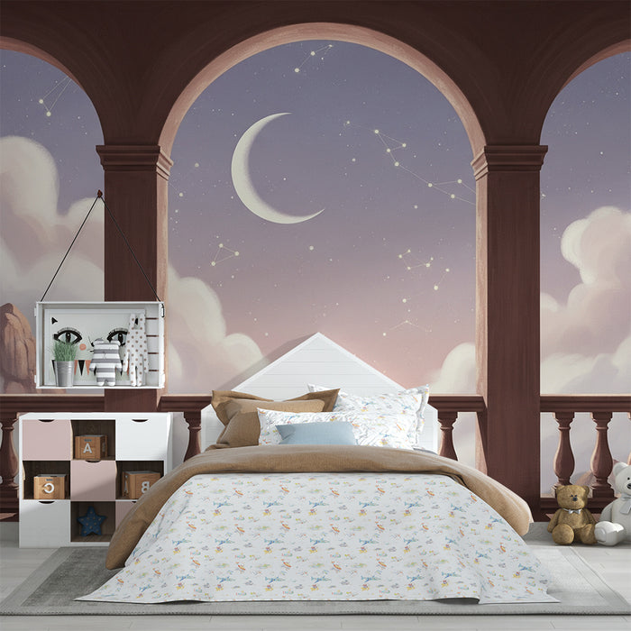 Papier peint chambre enfant | Vue étoilée avec lune et montagnes