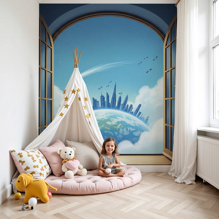 Papel de parede para quarto infantil | Vista fantástica da Terra e cidade futurista