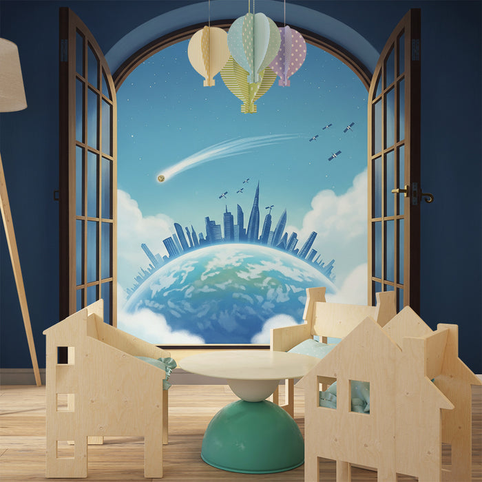 Papel de parede para quarto infantil | Vista fantástica da Terra e cidade futurista