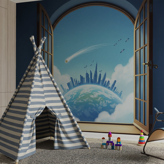 Papel de parede para quarto infantil | Vista fantástica da Terra e cidade futurista